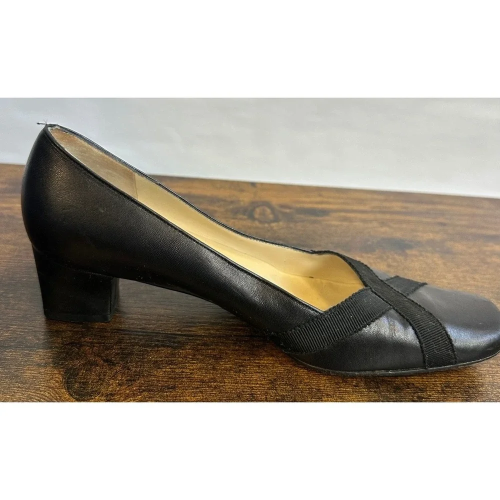 Salvatore Ferragamo Boutique Black Leather Square Toe Block Heel Pumps 6 B Italy - Picture 9 of 16